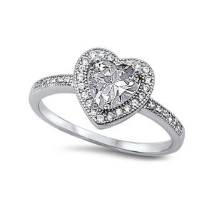 Halo Heart Promise Ring Round CZ Sterling Silver